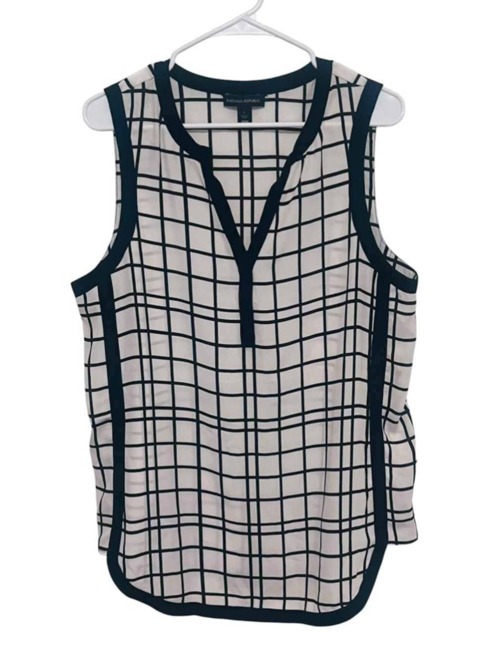 Banana Republic Windowpane Sleeveless Tunic Blouse Large Black White Checked